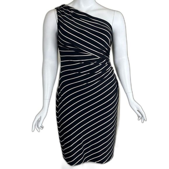 Lauren Ralph Lauren Women Size 16 Black Striped One Shoulder Ruched Sheath Dress - Picture 1 of 13